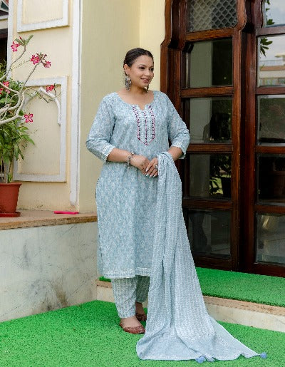 Plus Size Light Blue Cotton Salwar Suit Set