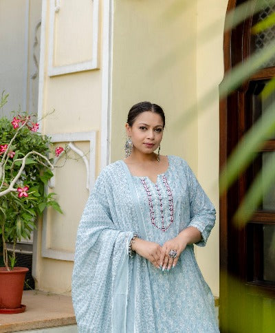 Plus Size Light Blue Cotton Salwar Suit Set