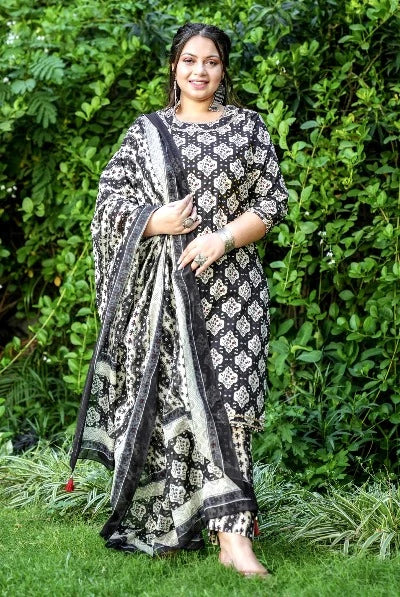 white black handblock cotton kurti pant dupatta salwar suit plus sizes for women indian pakistani clothing 