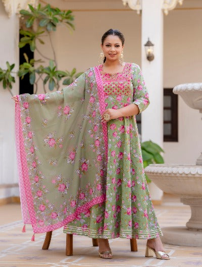 Plus Size Green With Pink Floral Cotton Salwar Suit Set