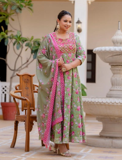 Plus Size Green With Pink Floral Cotton Salwar Suit Set