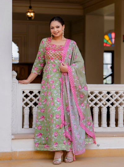 Plus Size Green With Pink Floral Cotton Salwar Suit Set