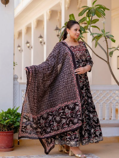 Plus size Black Cotton Printed Kurti Dupatta Set of 2