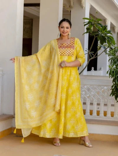 Plus size Yellow Embroidered Anarkali Kurta & Dupatta Set