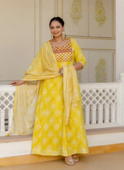 Plus size Yellow Embroidered Anarkali Kurta & Dupatta Set