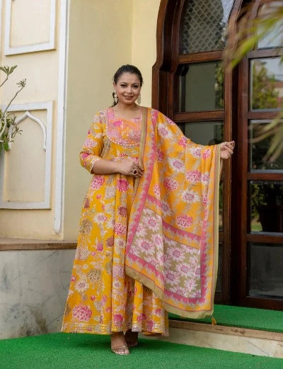 Plus size Mustard Embroidered Anarkali Kurta & Dupatta Set