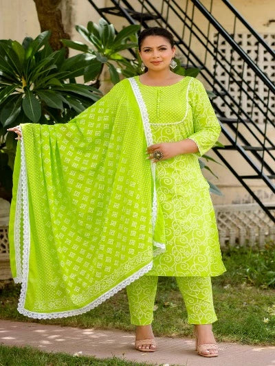 Plus Size Parrot Green Cotton Printed Readymade Salwar Suit