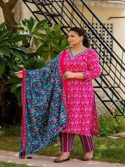 Plus Size Rani Pink Cotton Printed Readymade Salwar Suit