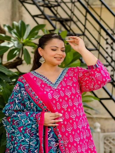 Plus Size Rani Pink Cotton Printed Readymade Salwar Suit