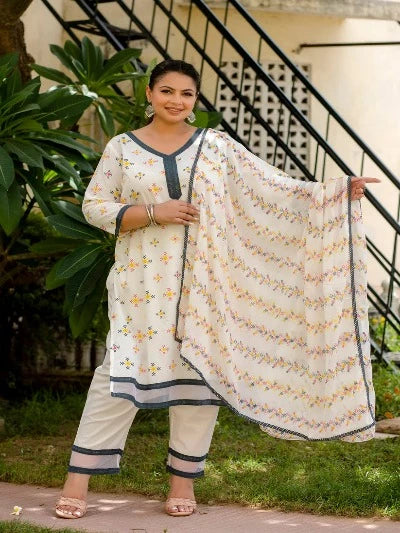 Plus Size White Cotton Jaipuri Print Readymade Salwar Suit