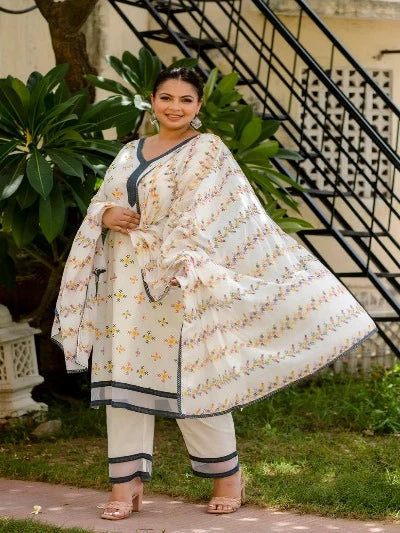 Plus Size White Cotton Jaipuri Print Readymade Salwar Suit