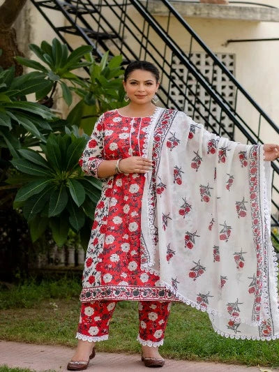 Plus Size Red  White Floral Cotton Printed Readymade Salwar Suit