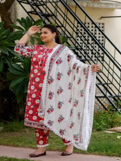 Plus Size Red  White Floral Cotton Printed Readymade Salwar Suit