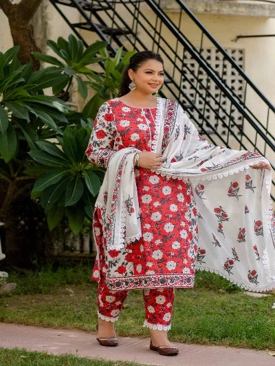 Plus Size Red  White Floral Cotton Printed Readymade Salwar Suit