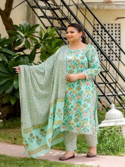 Plus Size Light Green Cotton Block Printed Readymade Salwar Suit