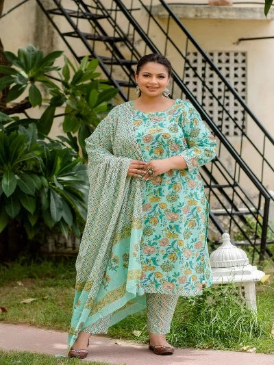 Plus Size Light Green Cotton Block Printed Readymade Salwar Suit