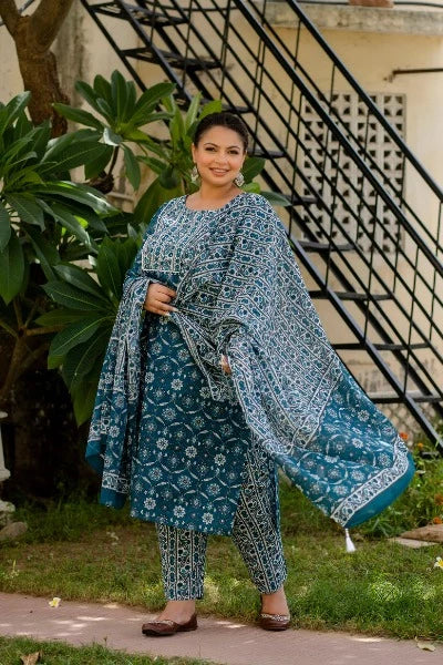 Plus Size Rani Blue Cotton Printed Readymade Salwar Suit