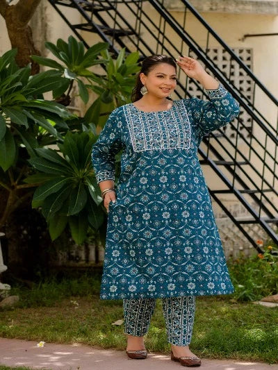 Plus Size Rani Blue Cotton Printed Readymade Salwar Suit