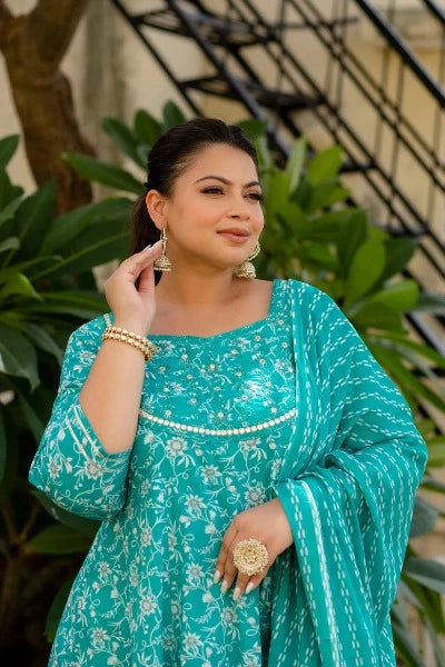 Plus size Sea Green Embroidered Anarkali Kurta Dupatta Set