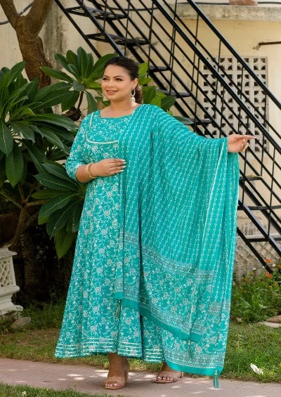 Plus size Sea Green Embroidered Anarkali Kurta Dupatta Set