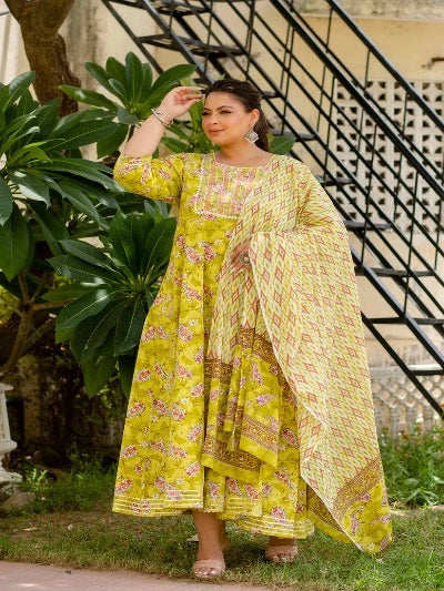 Plus Size Lime Embroidered Cotton Anarkali Dupatta Set Of 2