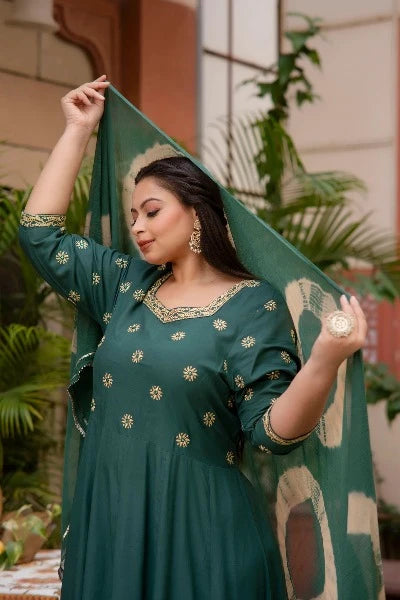 Green  Embroidered Anarkali Kurta & Dupatta Set