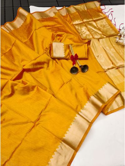 Mustard Silk Zari Weaving With Fancy Tassels Saree