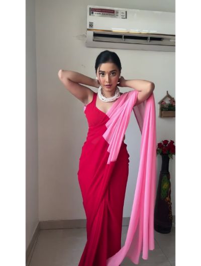 Pink 1 Min Blue Saree Stitched Readymade Sari