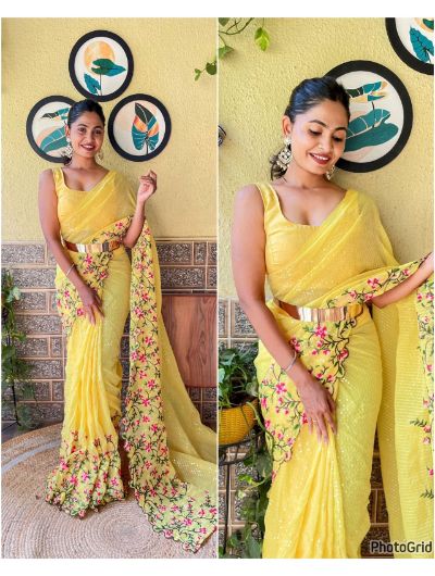 Yellow 1 Minute Saree Ready to Wear Embroidered Sequence Sari