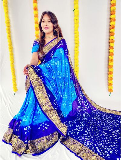 Blue Bandhani Art Silk Zari Weaving Saree