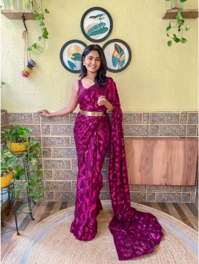 1 Min Wine Georgette Dual Sequence Stitched Readymade Sari