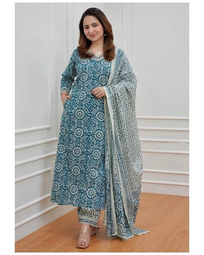 Blue Cotton Digital Print Afghani Salwar Suit Set