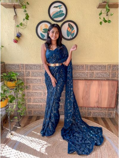 1 Min Teal Blue Georgette Dual Sequence Stitched Readymade Sari