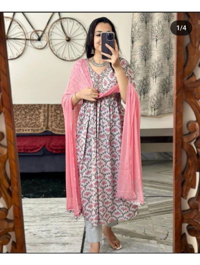 Grey Alia Style Anarkali Kurti, Pant with Dupatta Set of 3