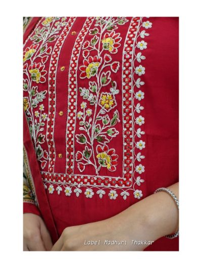 Red Rayon Embroidered Kurti, Pant with Dupatta Set of 3