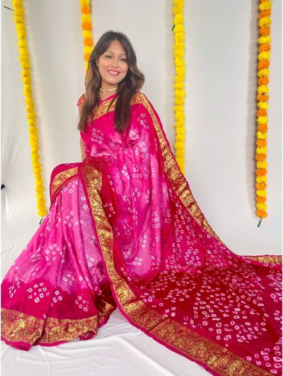 Pink Bandhani Art Silk Zari Weaving Saree