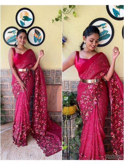 Red 1 Minute Saree Ready to Wear Embroidered Sequence Sari