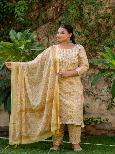 Plus Size Light Yellow Cotton Printed Readymade Salwar Suit