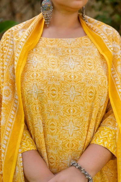 Yellow Traditional Jaipuri Hand Block Print  Beautiful Yoke Pattern With Mirror Work Gota Patti Lace Border Detailing On Kurti Sleeves Add tassel on dupatta 4th sides edges