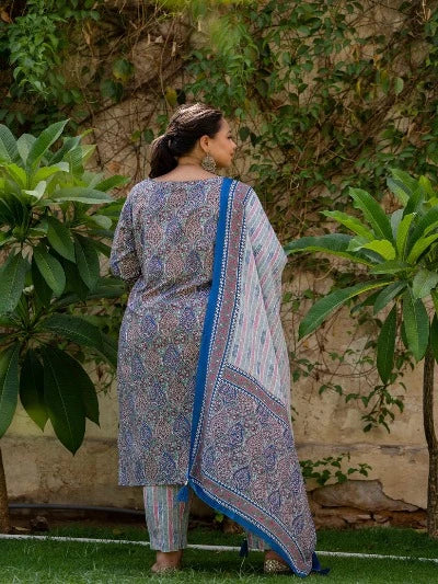 Plus Size Blue Green Cotton Jaipuri Print Readymade Salwar Suit