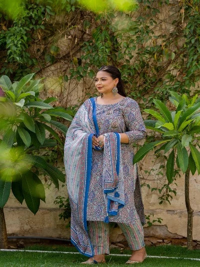 Plus Size Blue Green Cotton Jaipuri Print Readymade Salwar Suit