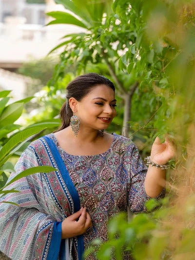 Plus Size Blue Green Cotton Jaipuri Print Readymade Salwar Suit