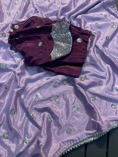 Purple Sari Embroidery with Readymade Stitched Blouse