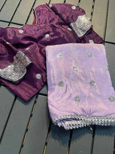 Purple Sari Embroidery with Readymade Stitched Blouse