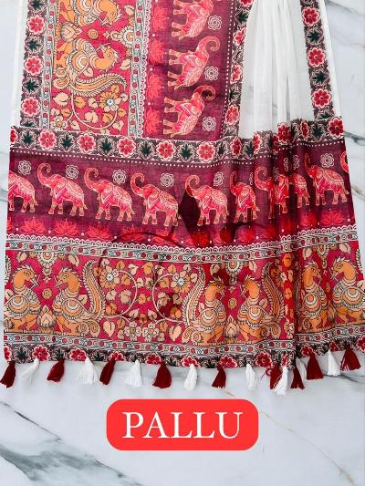 White Maroon Digital Print Linen Saree