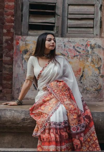 White Maroon Digital Print Linen Saree