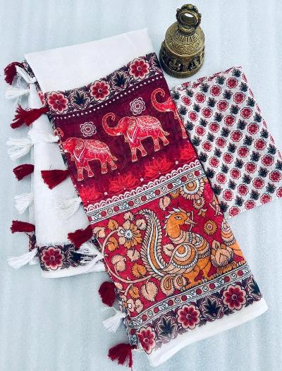 White Maroon Digital Print Linen Saree