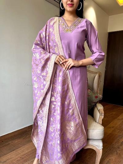 Lilac Salwar Suit With Jacquard Banarasi Silk Dupatta