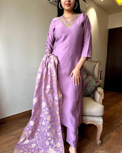 Lilac Salwar Suit With Jacquard Banarasi Silk Dupatta