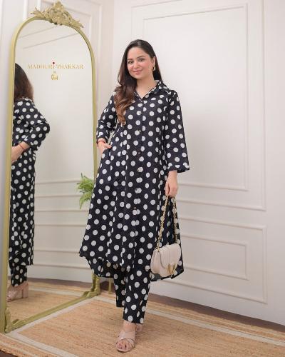 Black With White Polka Dots Kurti Pant Set Of 2